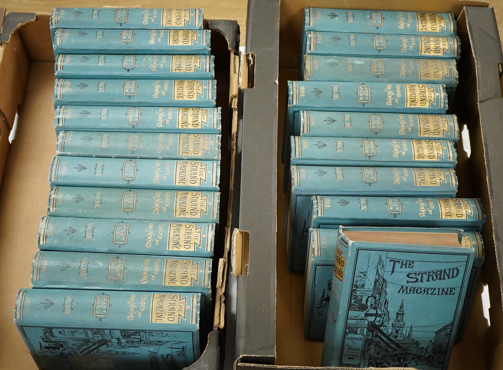 The Strand Magazine: an illustrated monthly ... vols. 1-XX and vol. XXVII. many illus. throughout (num. full page); publisher's Cambridge blue pictorial cloth with gilt spines, roy.8vo. George Newnes, 1891-1900 and 1904.